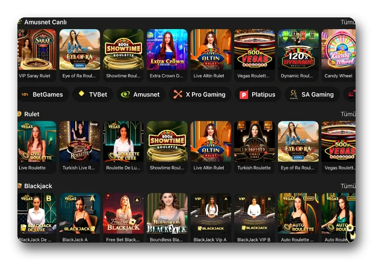 Düzen: stüdyoya göre sıralı canlı casino satırlarında rulet ve blackjack masaları