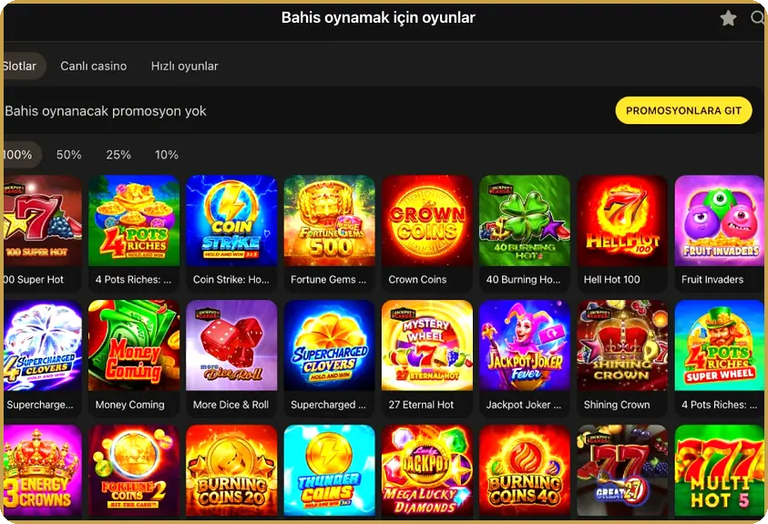 Çevrim payına göre slotlar Düzen: %100, %50, %25 ve %10 katkı filtreli çevrim slot listesi