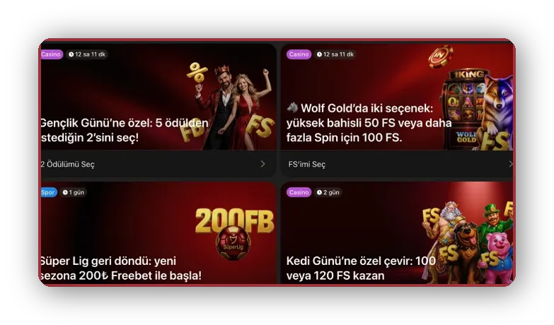 Spin ve cashback kartları Düzen: koyu zeminde free spin ve cashback sunan dört promosyon kartı