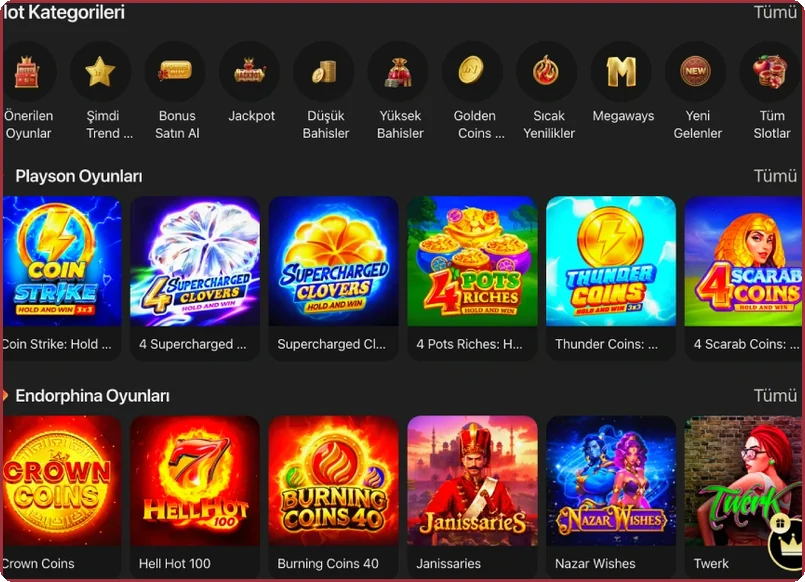 Düzen: sağlayıcı oyun satırlarının üstünde yer alan slot kategori çubuğu