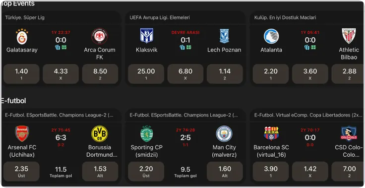 Düzen: futbol karşılaşmaları ve 1 X 2 oran butonlarıyla Top Events listesi