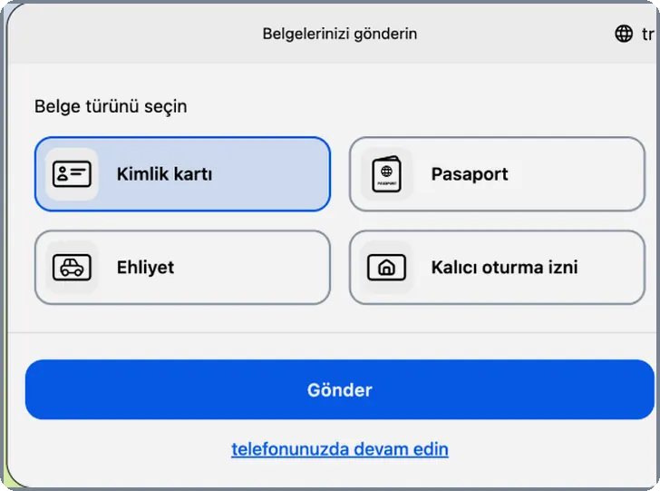 Doğrulama belgesi seçimi Düzen: kimlik kartı, pasaport, ehliyet ve oturum izni belge türü seçenekleri