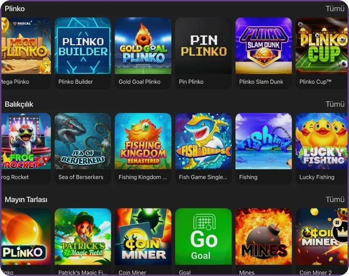 Düzen: Plinko, balıkçılık ve Maya temalı oyunlar için slot satırları
