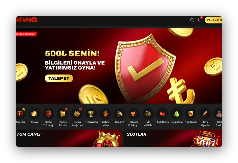 Düzen: kalkan amblemi, 500 TL tutarı ve talep butonu olan deneme bonusu bannerı