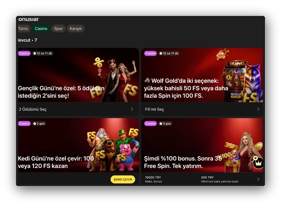 Casino bonus sekmesi görünümü Düzen: Tümü, Casino ve Spor sekmelerinin altında dört casino teklif kartı