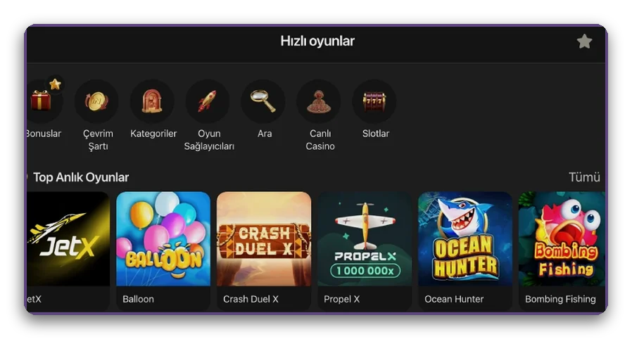 JetX ve Propeller hızlı satır Düzen: JetX, Balloon, Crash Duel X ve Propeller kutulu hızlı oyunlar satırı