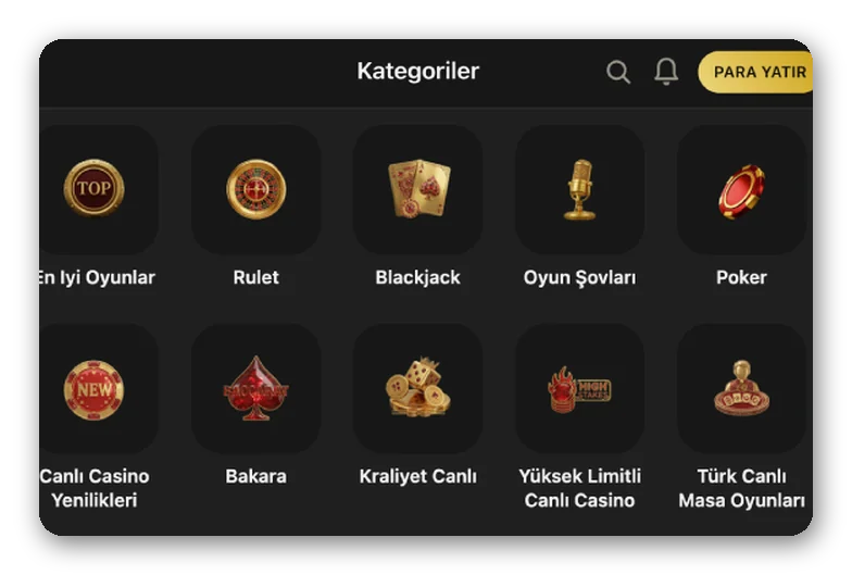 Rulet, blackjack, poker menüsü Düzen: rulet, blackjack, oyun şovu ve poker simgeli casino kategori menüsü