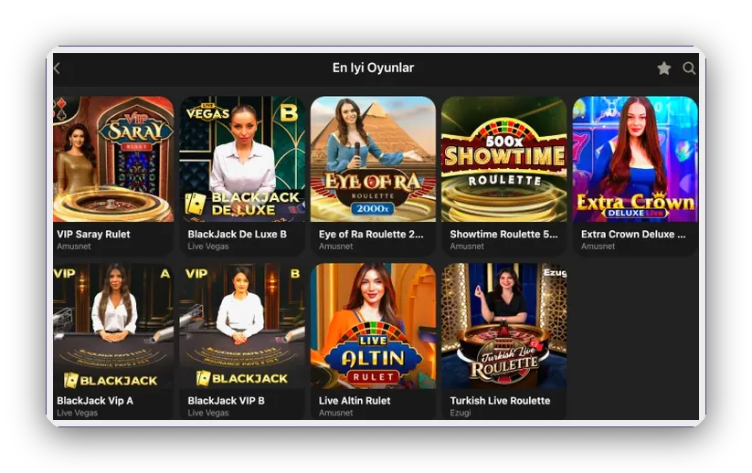 Canlı oyun ızgarası Düzen: VIP Saray Rulet, Showtime Roulette ve Eye of Ra kutulu canlı oyun ızgarası
